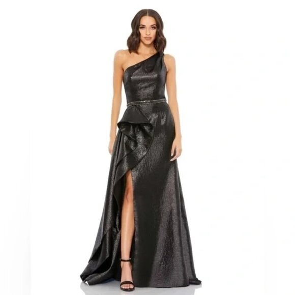 Mac Duggal One Shoulder Black Metallic Ruffled Evening Gown Dress Size 0 - Picture 1 of 9